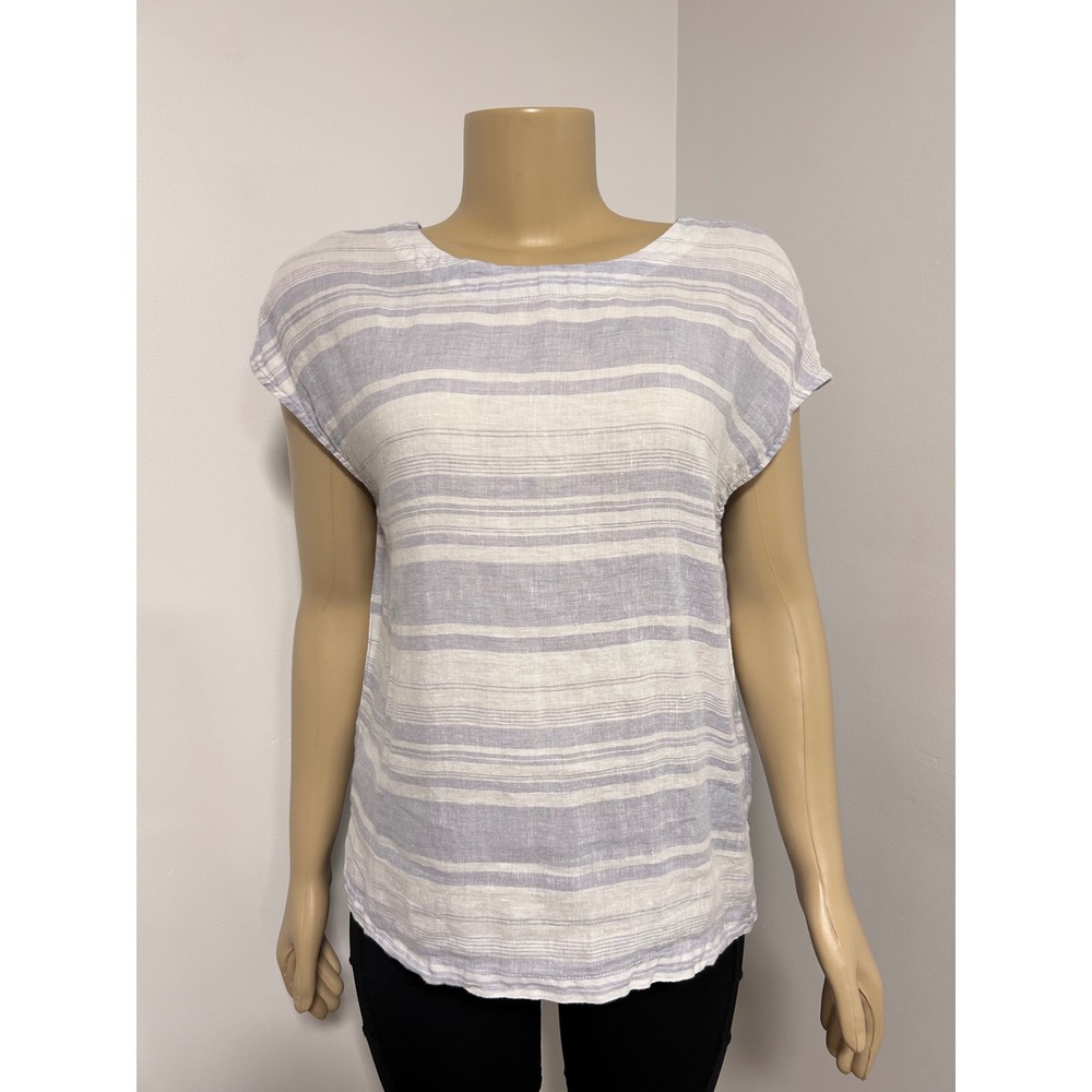 Cynthia Rowley Women Blue White Striped 100% Linen V-Back Cap Sleeve Top M